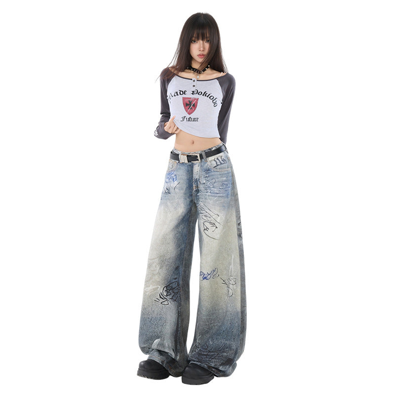 Graffiti Distressed High Waist Wide Leg Jeans For Women | MuddyStock Originals