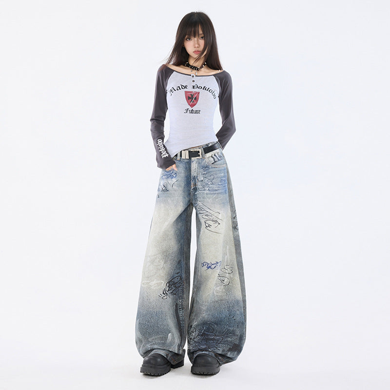 Graffiti Distressed High Waist Wide Leg Jeans For Women | MuddyStock Originals