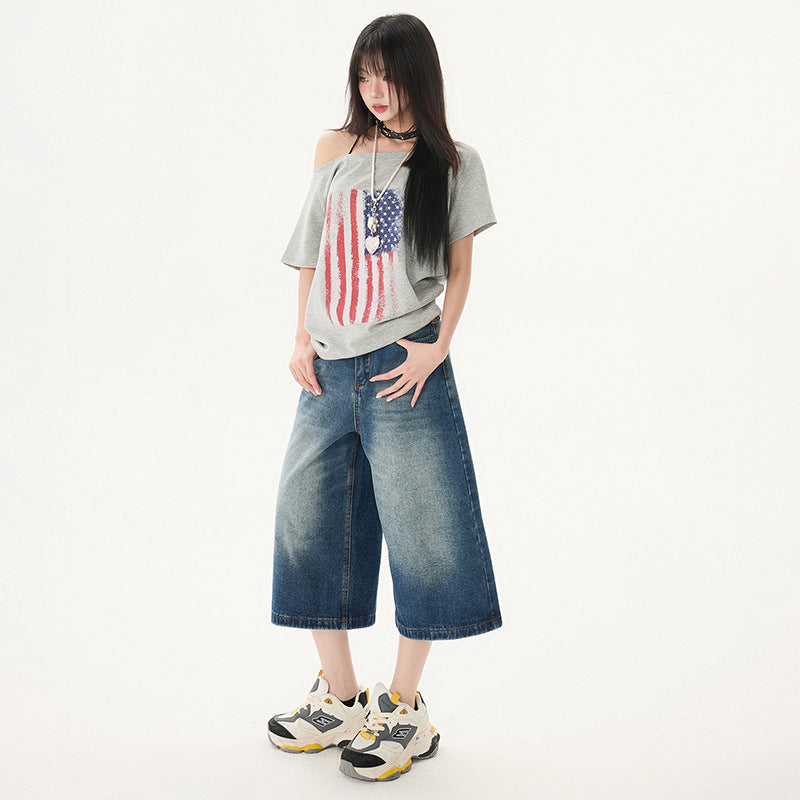 Women's Washed Seven-Quarter Denim Pants Loose Straight Wide-Leg Mid-Length Trousers