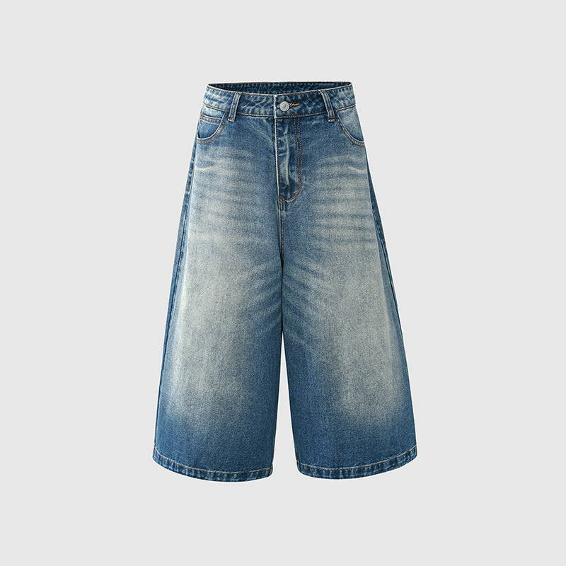 Women's Washed Seven-Quarter Denim Pants Loose Straight Wide-Leg Mid-Length Trousers