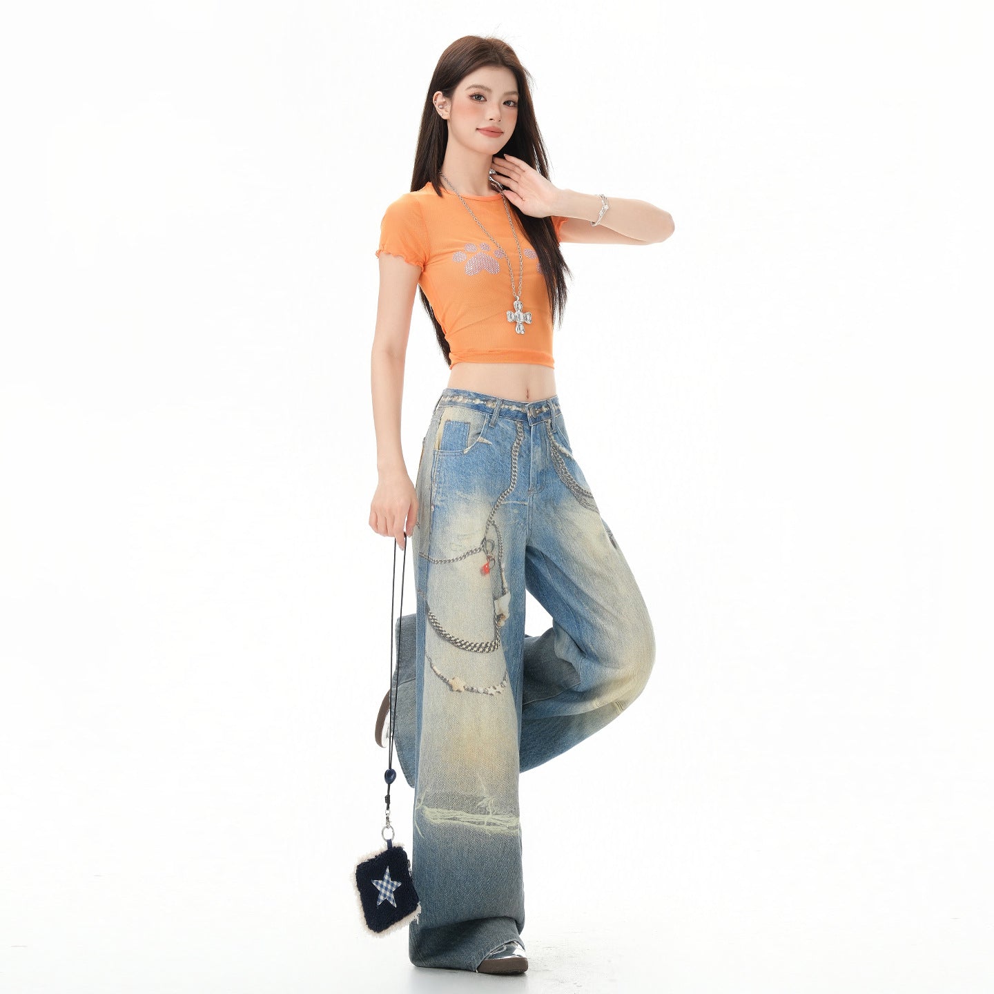 Chain Print Loose Wide Leg Denim Jeans For Women | MuddyStock Originals