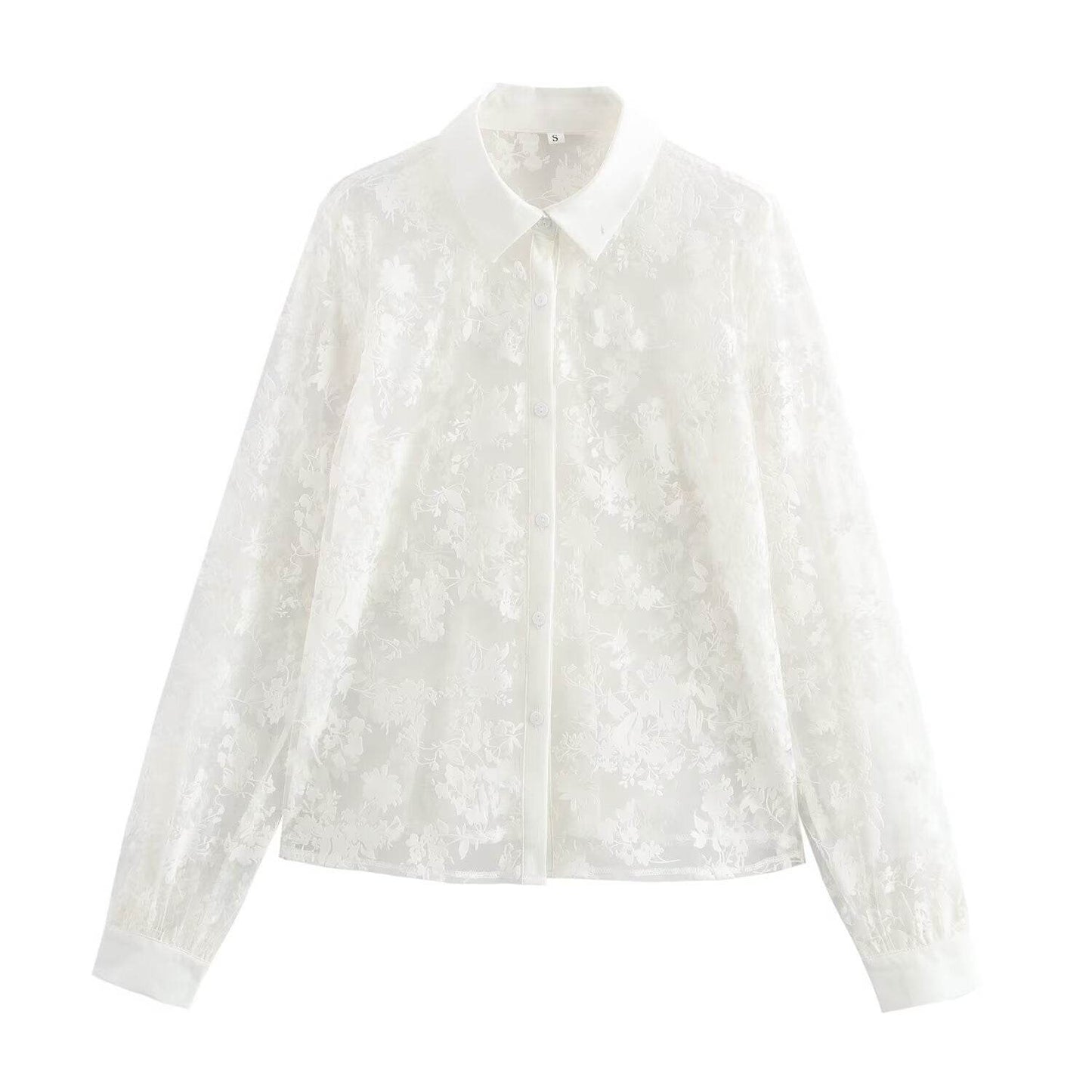 Flip collar see through loose and versatile shirt top for women | MuddyStock Originals White MuddyStock