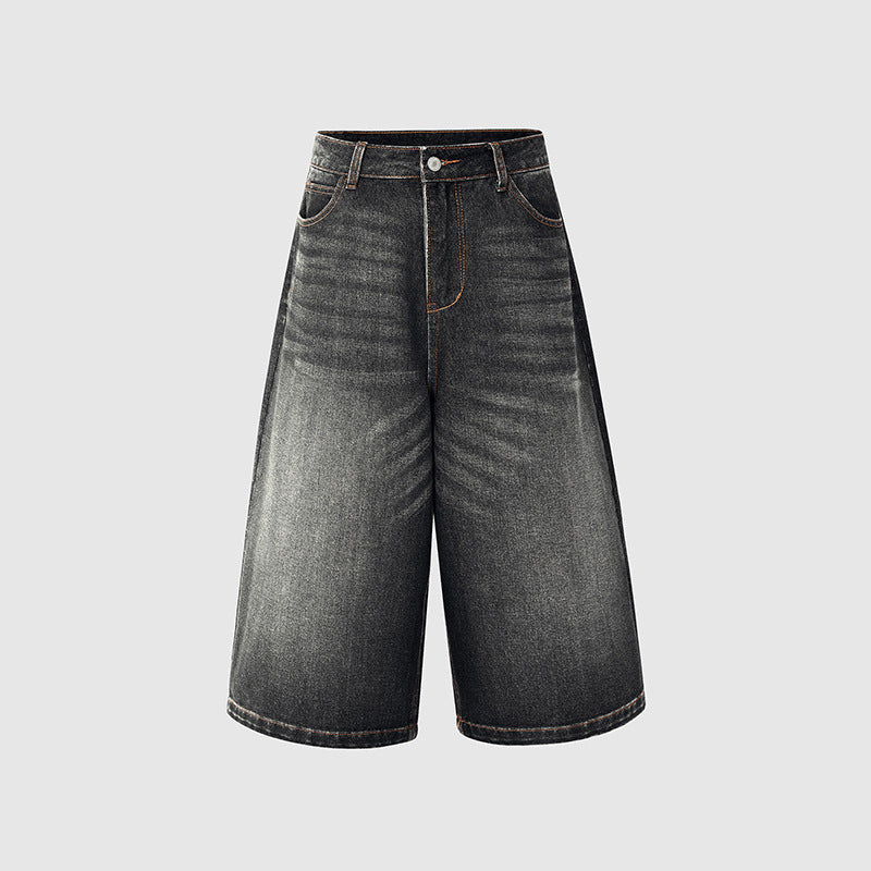 Women's Washed Seven-Quarter Denim Pants Loose Straight Wide-Leg Mid-Length Trousers