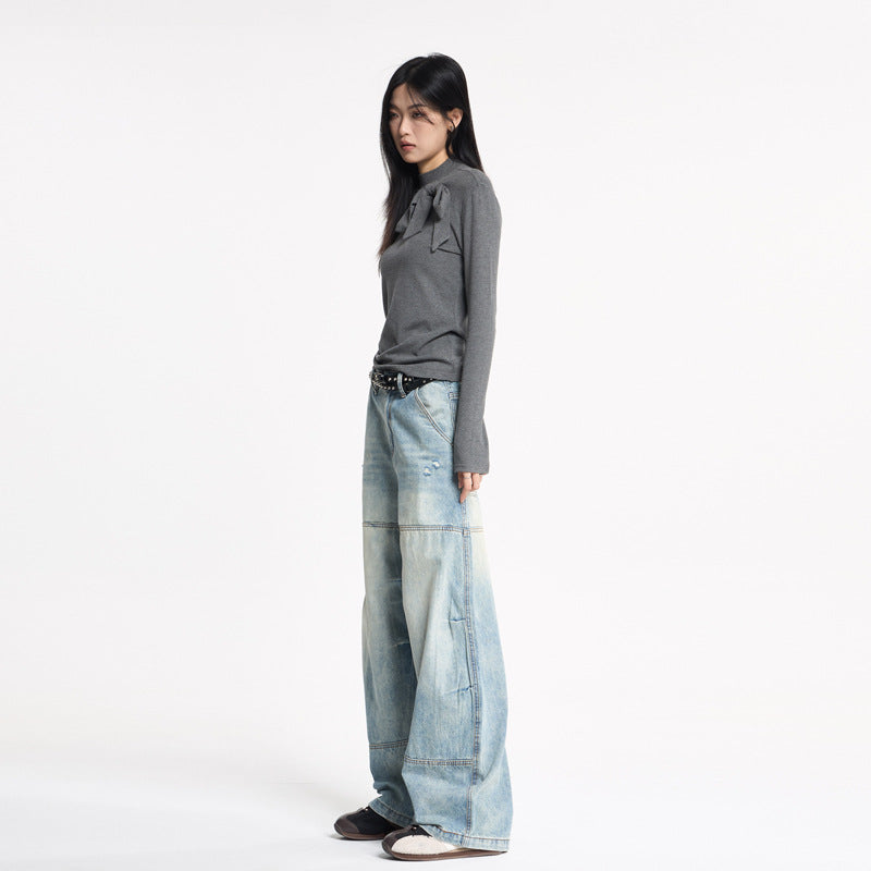 Women's Retro Design Patchwork Washed Knife-Edge Denim Pants | MuddyStoc Originals