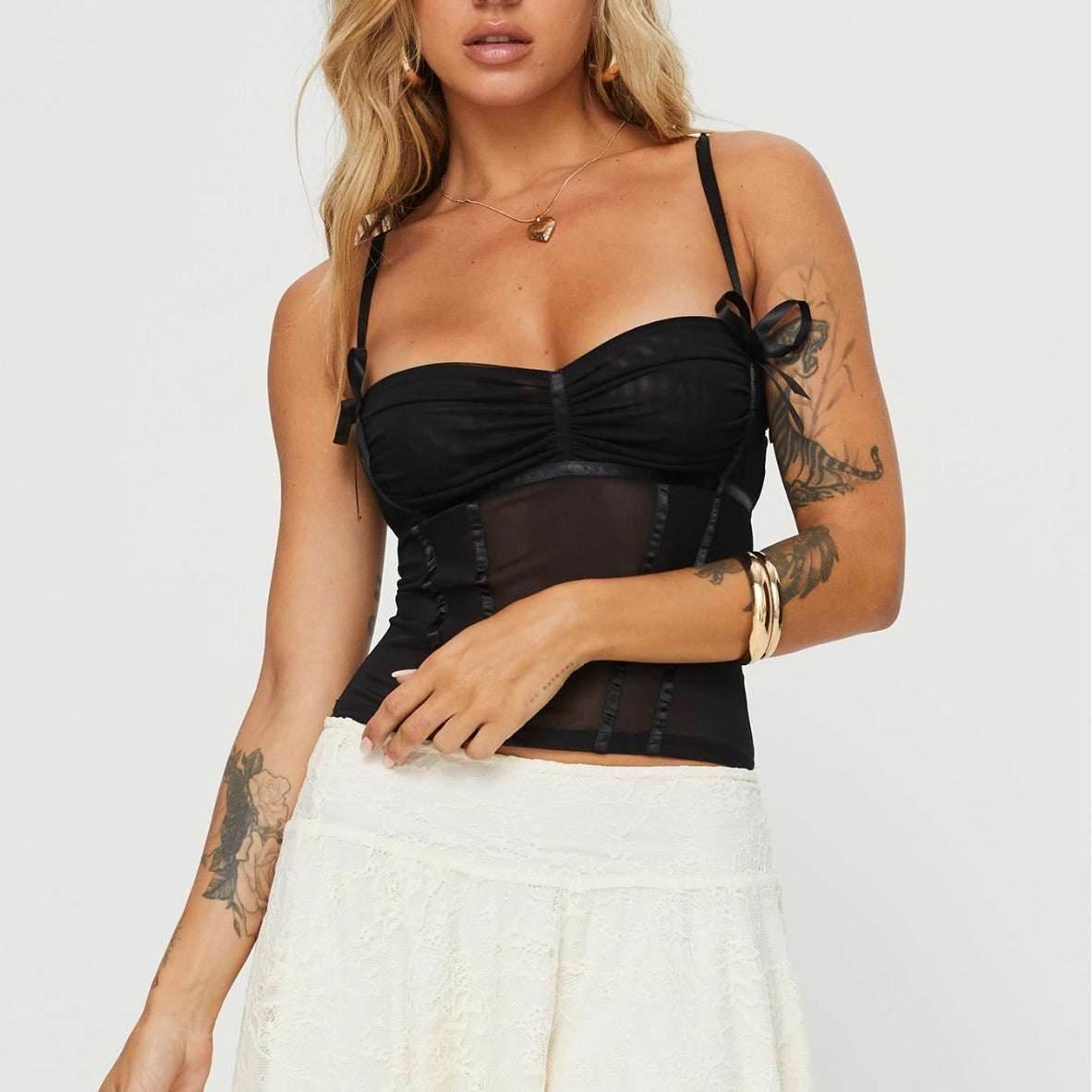 Women's Solid Color Suspender Bow Vest Black MuddyStock