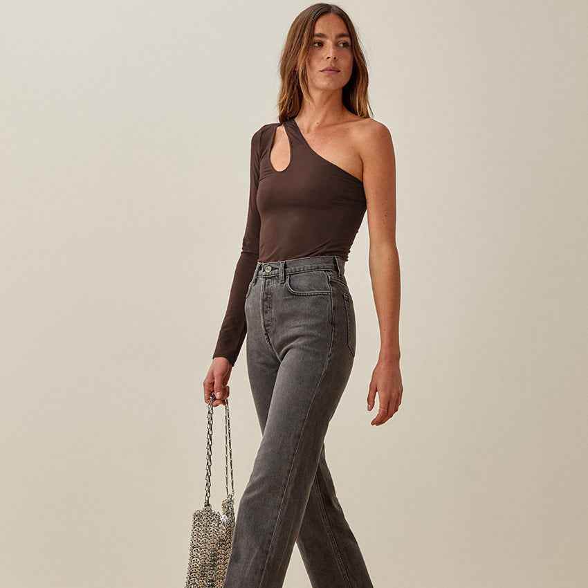 Slanted Shoulder Asymmetric Hollow Long-sleeved Bottoming Top MuddyStock