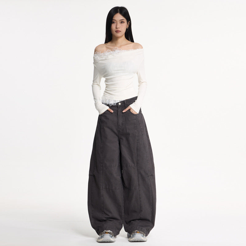 Dark Gray Wide-Leg Cargo Knife Pants For Women | MuddyStock Originals