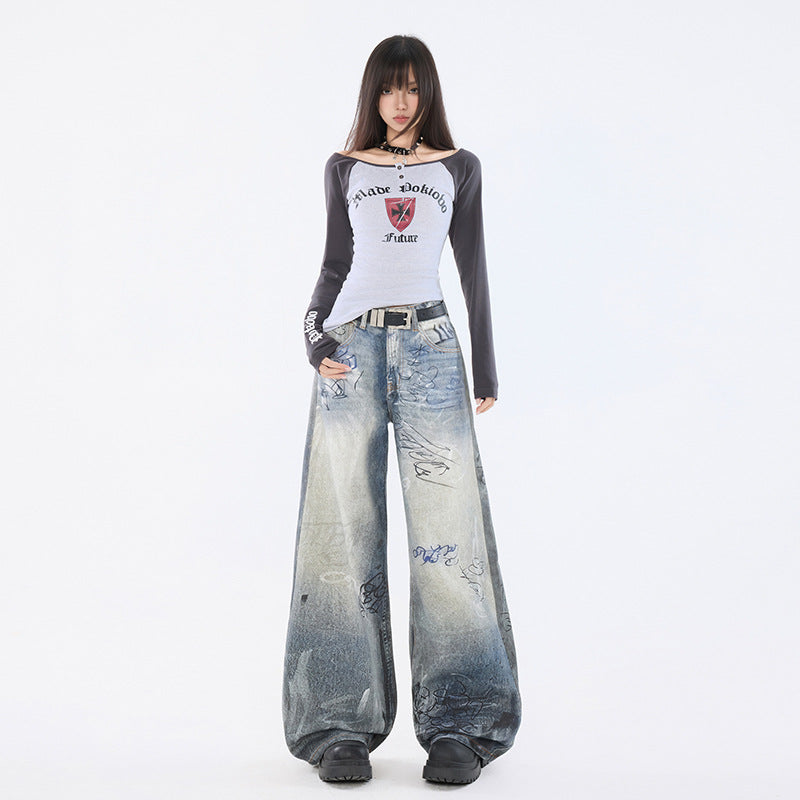 Graffiti Distressed High Waist Wide Leg Jeans For Women | MuddyStock Originals