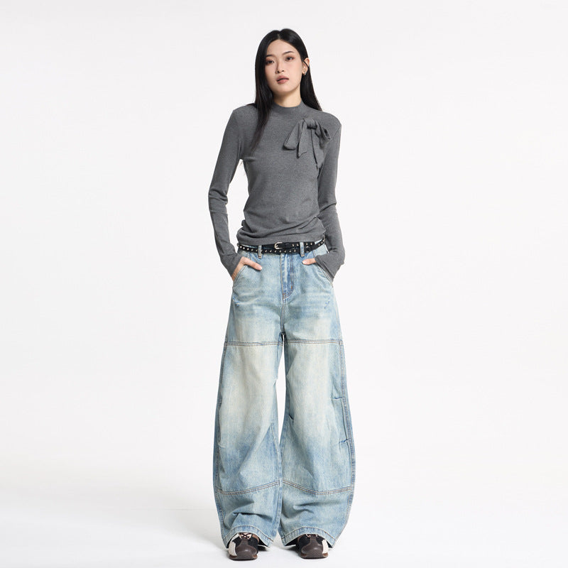 Women's Retro Design Patchwork Washed Knife-Edge Denim Pants | MuddyStoc Originals