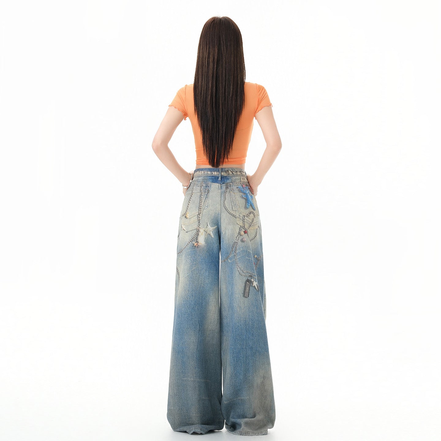 Chain Print Loose Wide Leg Denim Jeans For Women | MuddyStock Originals