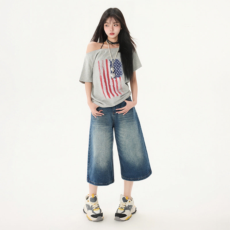 Women's Washed Seven-Quarter Denim Pants Loose Straight Wide-Leg Mid-Length Trousers