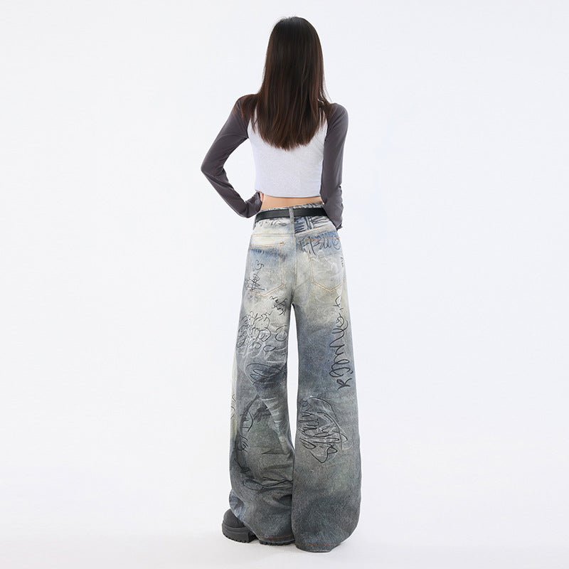 Graffiti Distressed High Waist Wide Leg Jeans For Women | MuddyStock Originals