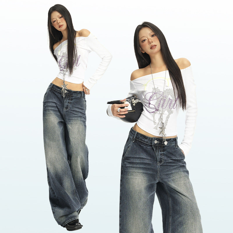 Women's Washed Straight Jeans Loose Floor-Length Wide-Leg Pants