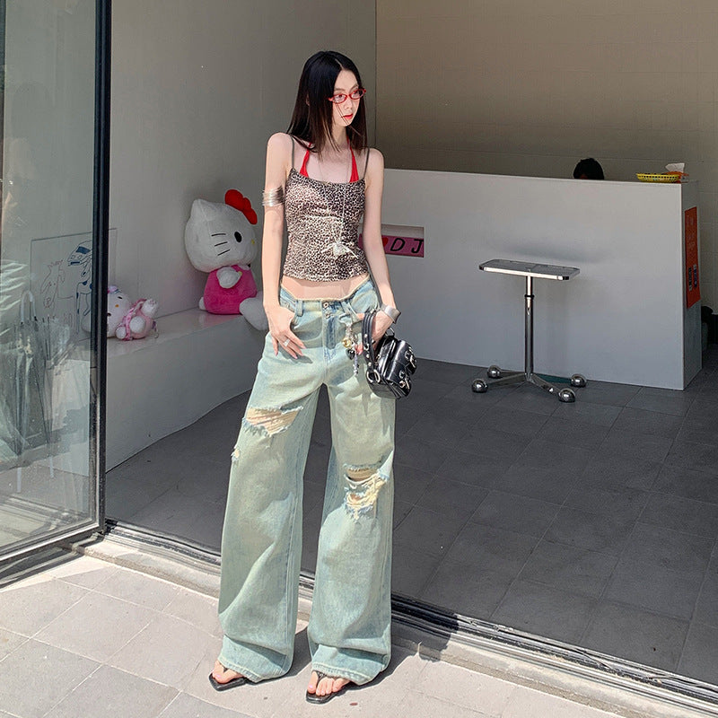 Women's Thin Straight Hole Jeans High Waist Slim Narrow Leg Wide Leg Pants