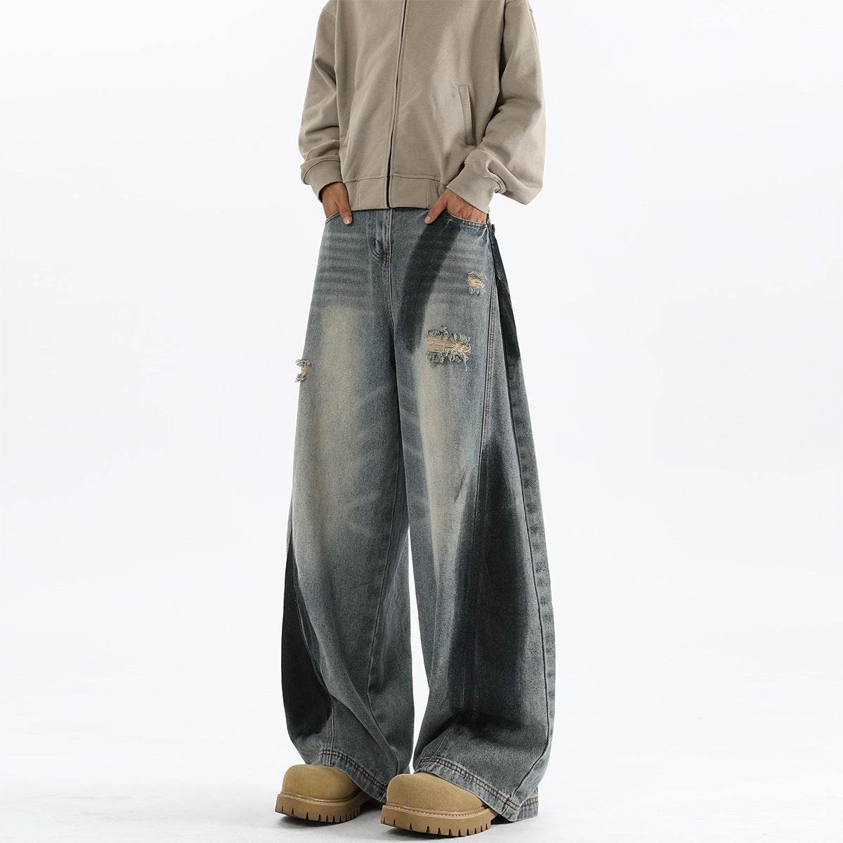 Men's American-style Splash-ink Ripped Machete Jeans Blue MuddyStock