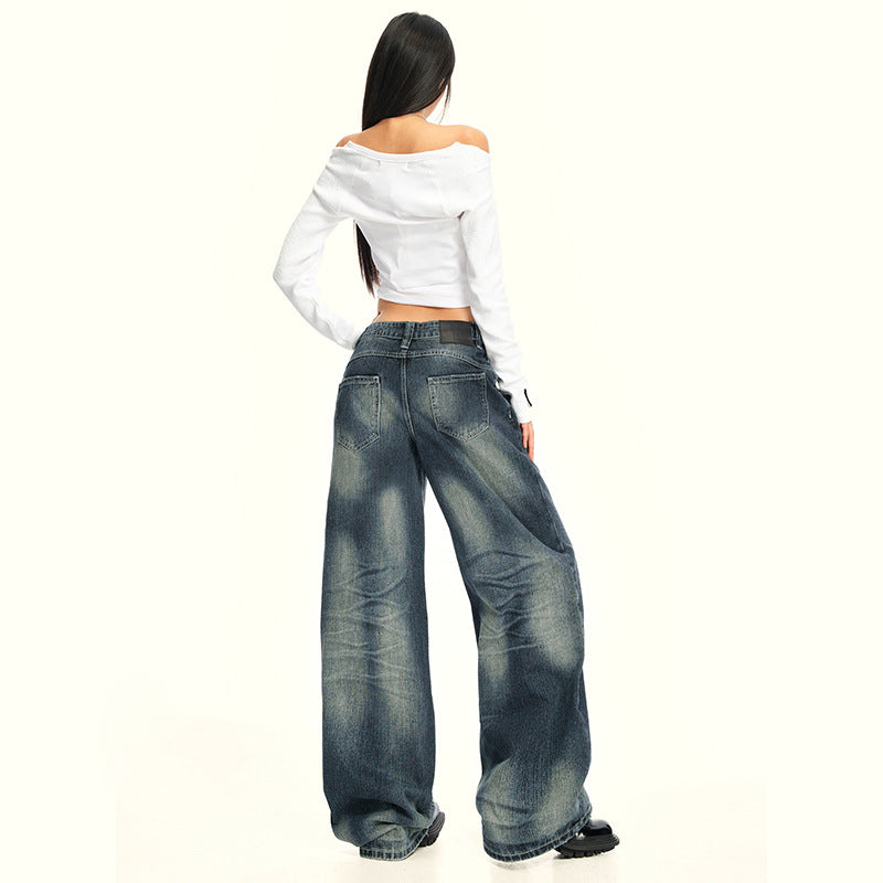Women's Washed Straight Jeans Loose Floor-Length Wide-Leg Pants