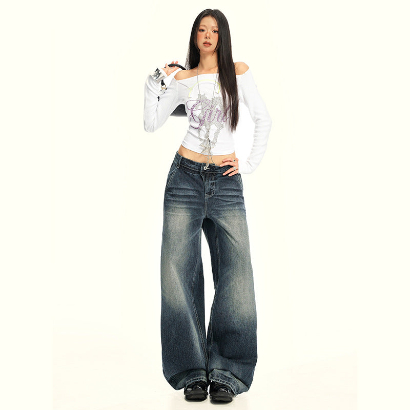 Women's Washed Straight Jeans Loose Floor-Length Wide-Leg Pants