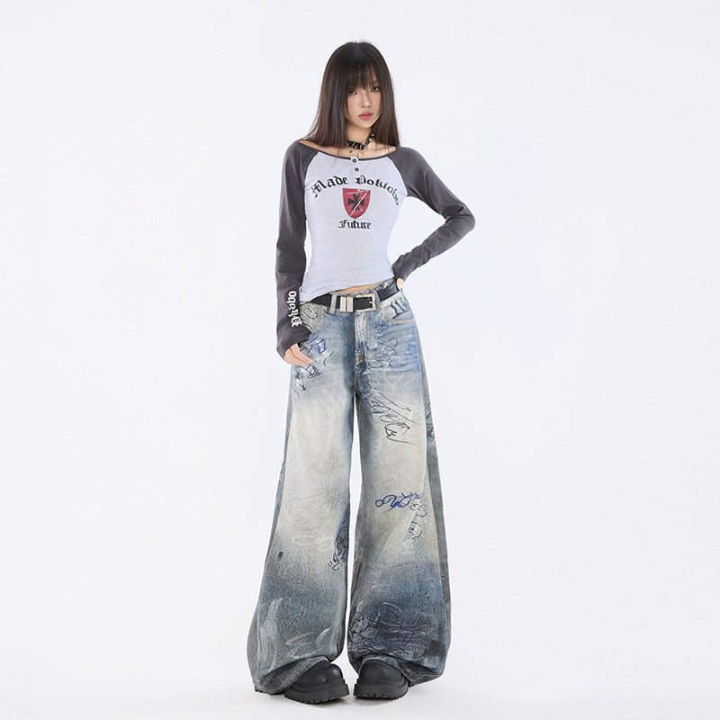 Graffiti Distressed High Waist Wide Leg Jeans For Women | MuddyStock Originals