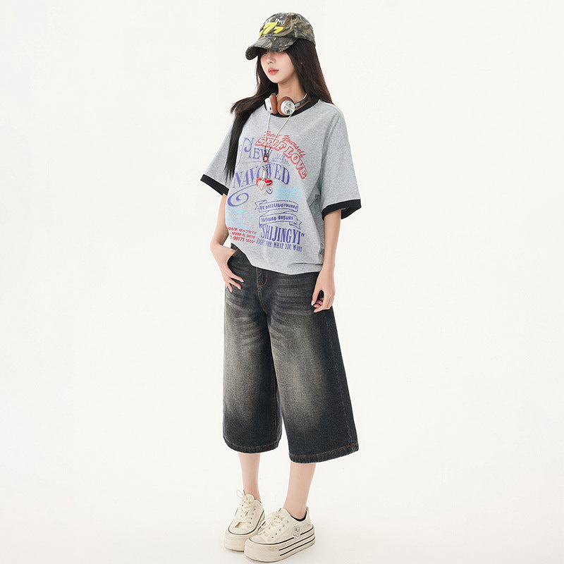 Women's Washed Seven-Quarter Denim Pants Loose Straight Wide-Leg Mid-Length Trousers