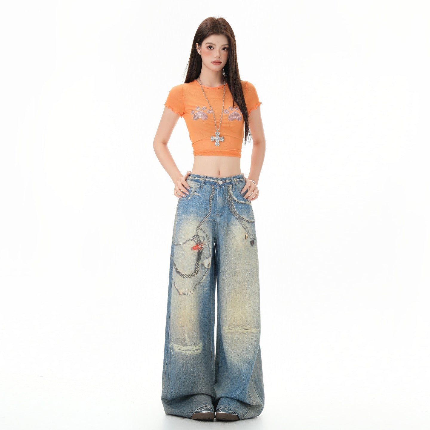 Chain Print Loose Wide Leg Denim Jeans For Women | MuddyStock Originals