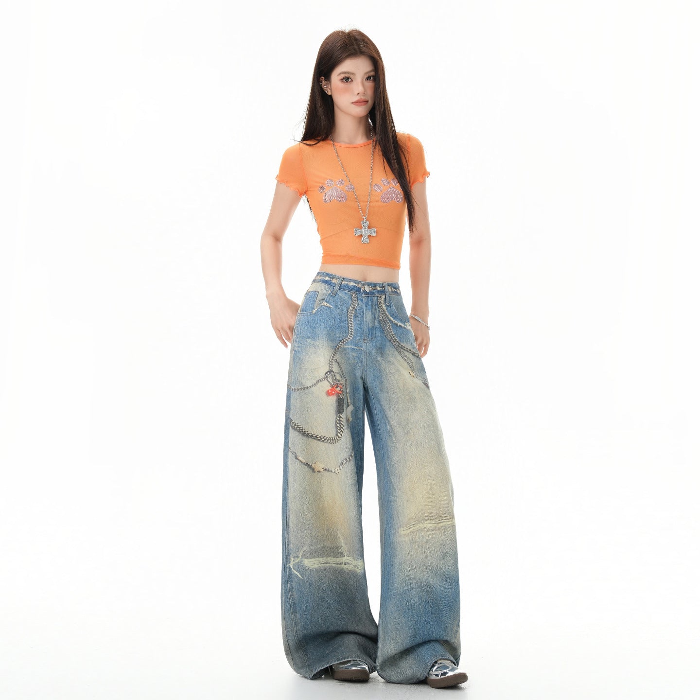 Chain Print Loose Wide Leg Denim Jeans For Women | MuddyStock Originals