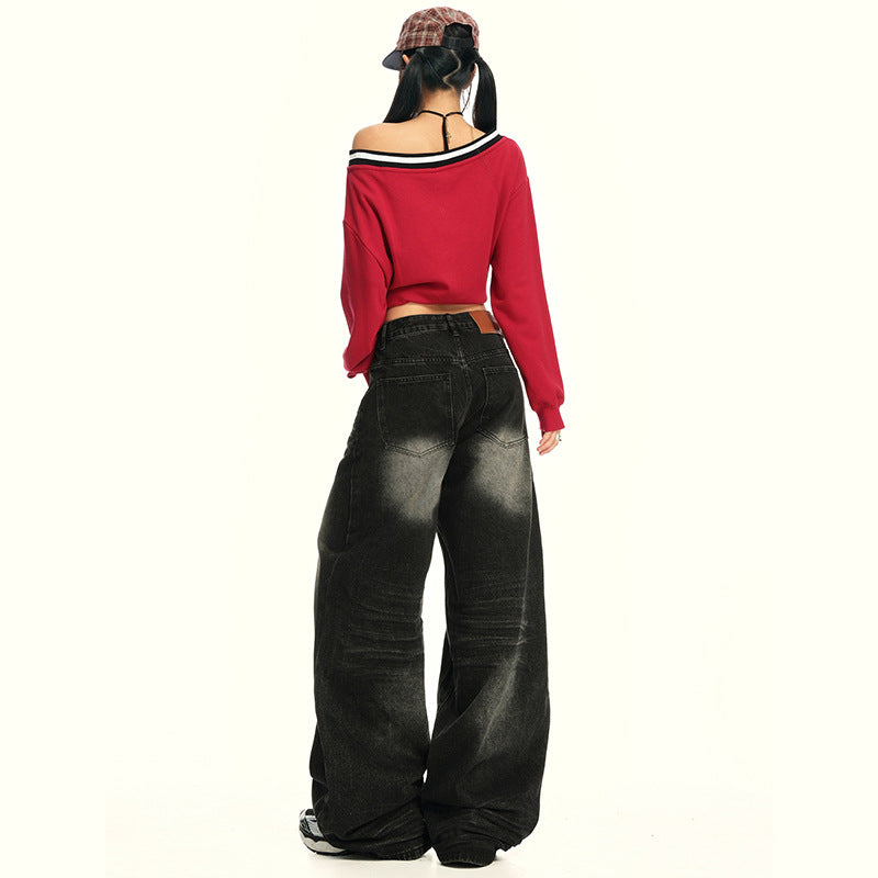 High Street Washed Loose High-Waisted Wide-Leg Jeans for Women | MuddyStock Originals