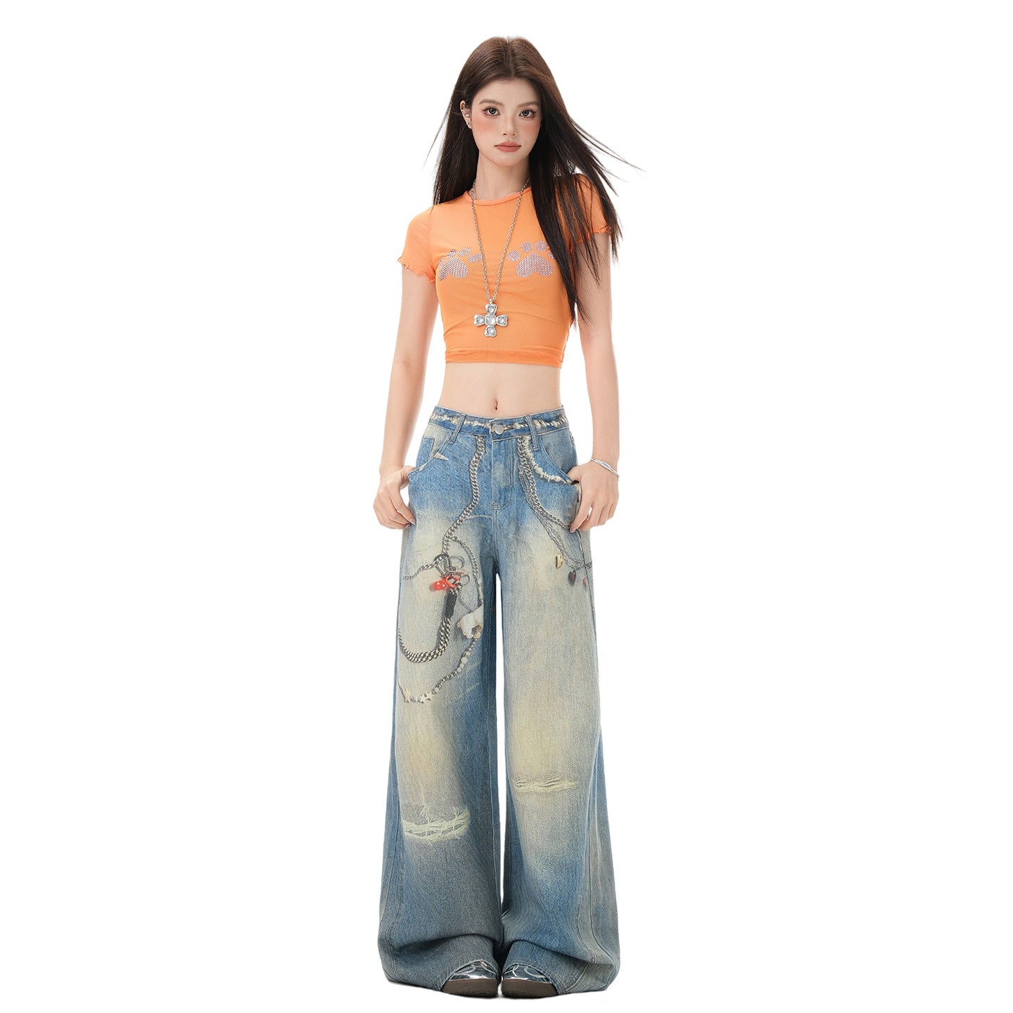 Chain Print Loose Wide Leg Denim Jeans For Women | MuddyStock Originals