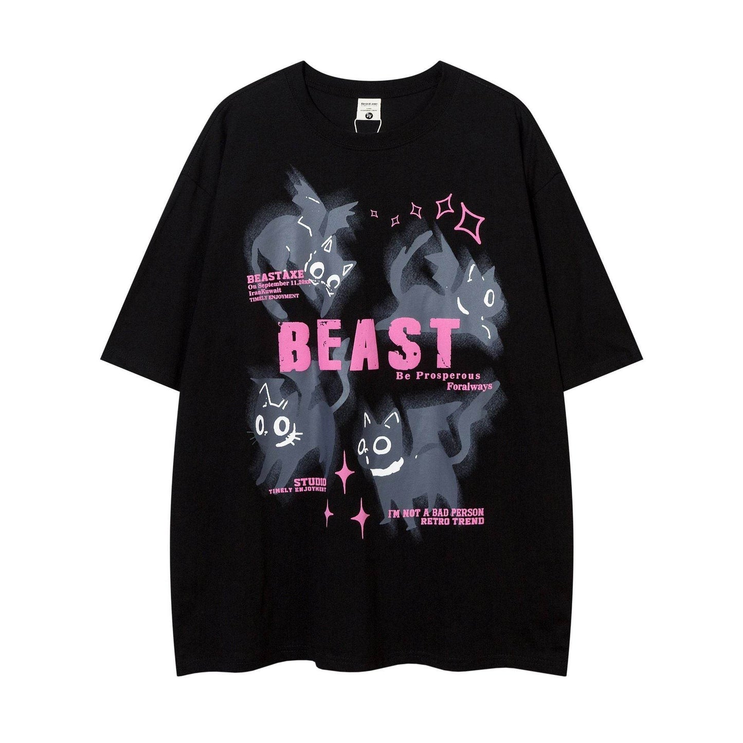 Kitten Loose Casual Short-sleeved T-shirt For Men And Women Black MuddyStock