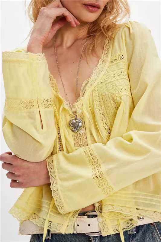 Lace U-shaped Lace Collar Long Sleeve Light Shirt Yellow MuddyStock