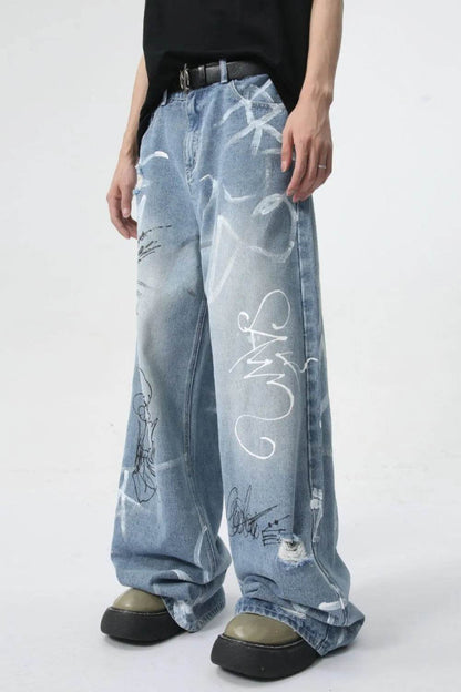 Mid Rise Graffiti Print Distressed Wide Leg Jeans For Both Men And Women | MuddyStock Originals MuddyStock