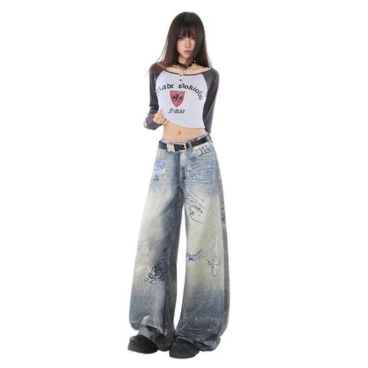 Graffiti Distressed High Waist Wide Leg Jeans For Women | MuddyStock Originals