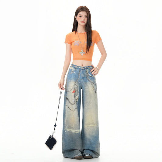 Chain Print Loose Wide Leg Denim Jeans For Women | MuddyStock Originals