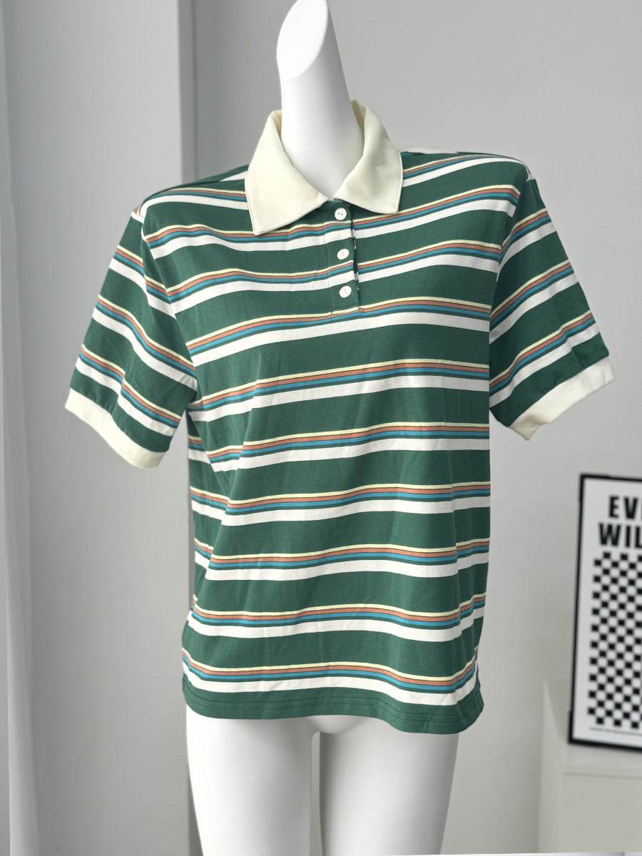 Stripe Polo Loose Fit Short Sleeve T-Shirt for Women | MuddyStock Originals Dark Green MuddyStock