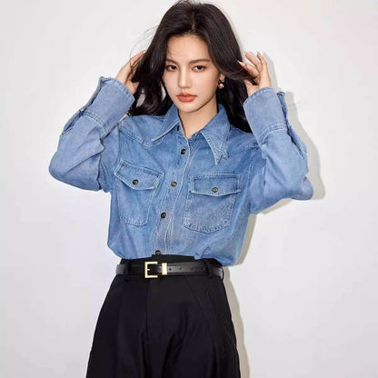 Premium blue shirt washed denim casual loose patchwork | MuddyStock Originals MuddyStock