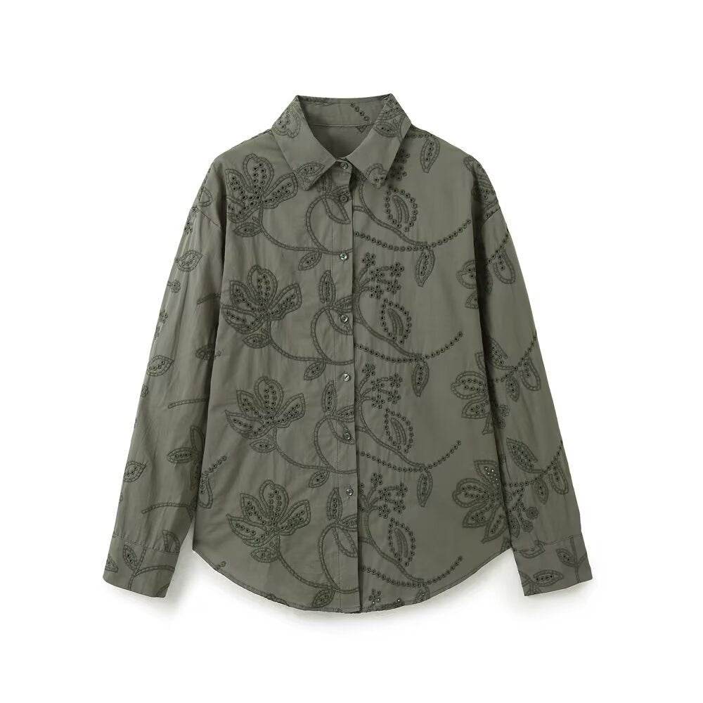 Simple and versatile loose embroidered shirt for women | MuddyStock Originals green MuddyStock