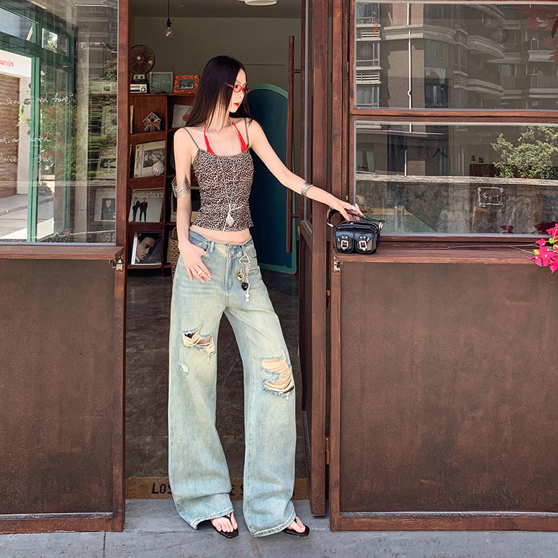 Women's Thin Straight Hole Jeans High Waist Slim Narrow Leg Wide Leg Pants