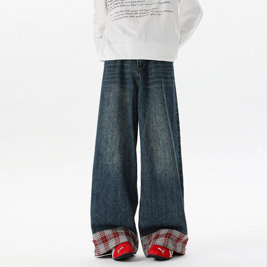Retro Washed Plaid Cuffed Denim Wide Leg Long Pants For Men And Women | MuddyStock Originals MuddyStock