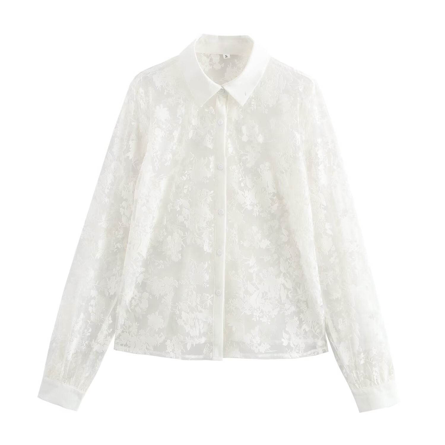 Flip collar see through loose and versatile shirt top for women | MuddyStock Originals White MuddyStock
