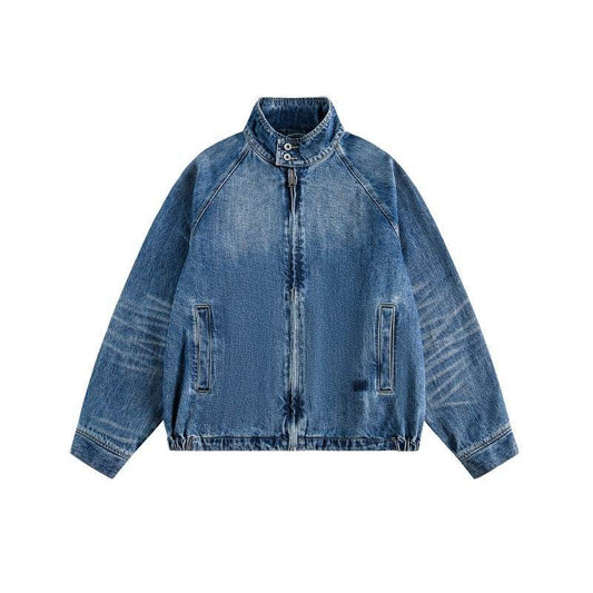 Streetwear Washed Faded Stand Collar Zipper Loose Denim Jacket For Men And Women | MuddyStock Originals MuddyStock