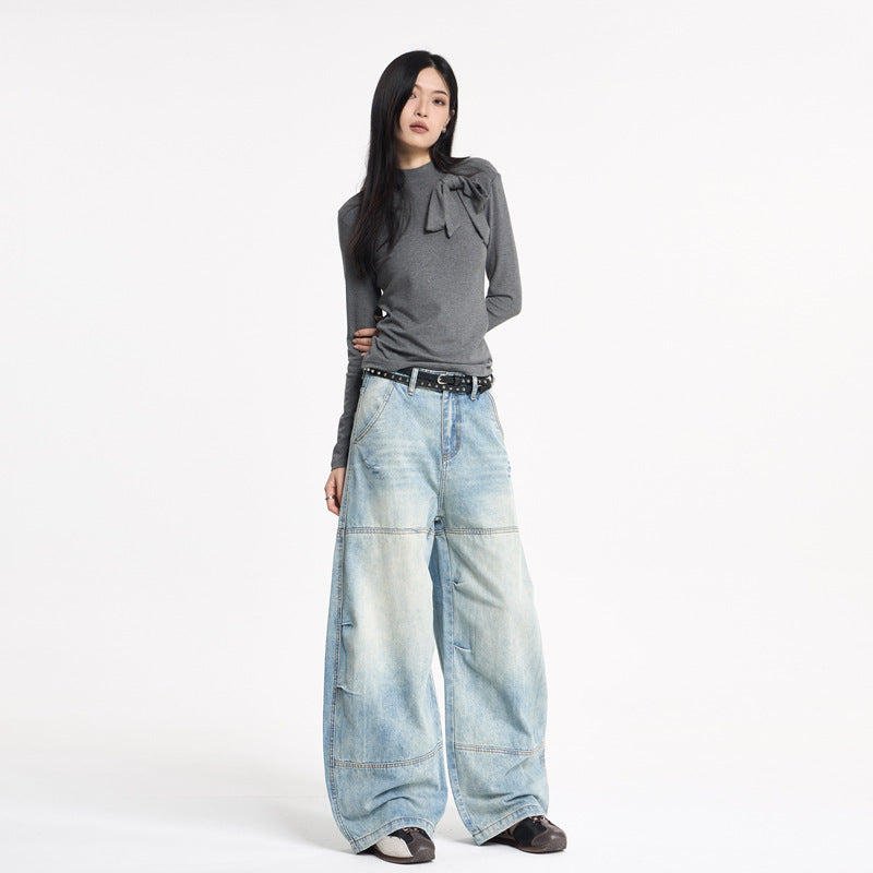 Women's Retro Design Patchwork Washed Knife-Edge Denim Pants | MuddyStoc Originals