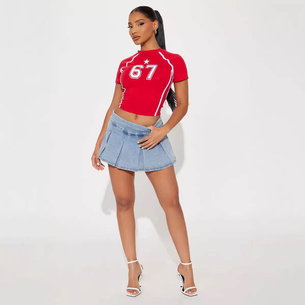 Women's Round Neck Letter Print Short Sleeve Fitted Crop Top | MuddyStock Originals MuddyStock