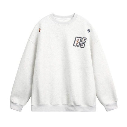 Embroidered loose silhouette round neck sweatshirt for men | MuddyStock Orioginals White Flower Grey MuddyStock