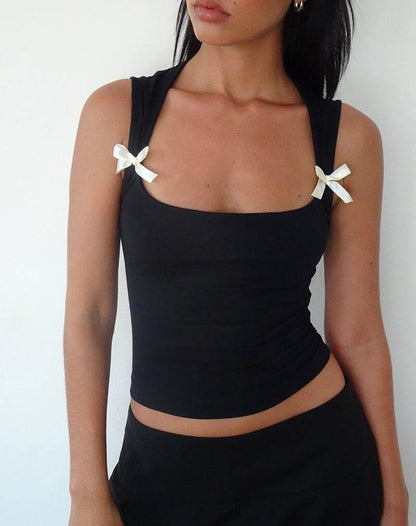 Simple Slim Tank Top with Bow Decoration For Women | MuddyStock Originals Black MuddyStock