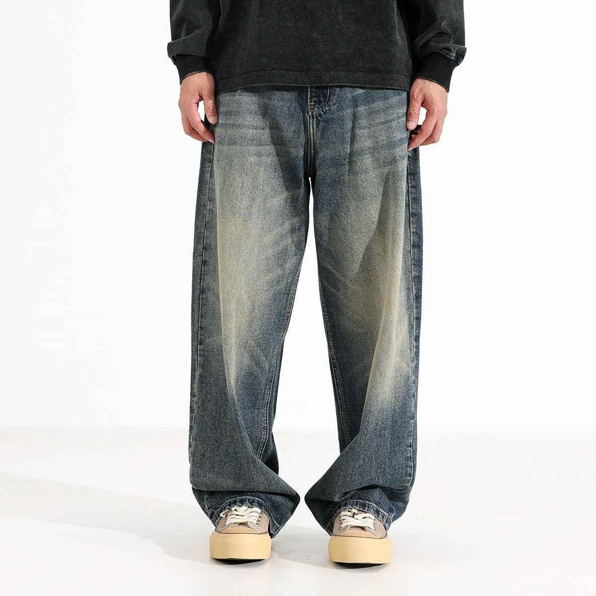 American Retro Hanging Loose Wide Leg Jeans For Men Retro Blue with Velvet MuddyStock