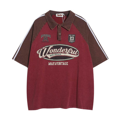 Retro Short Sleeve Loose Polo Shirt Men's Letters Red MuddyStock