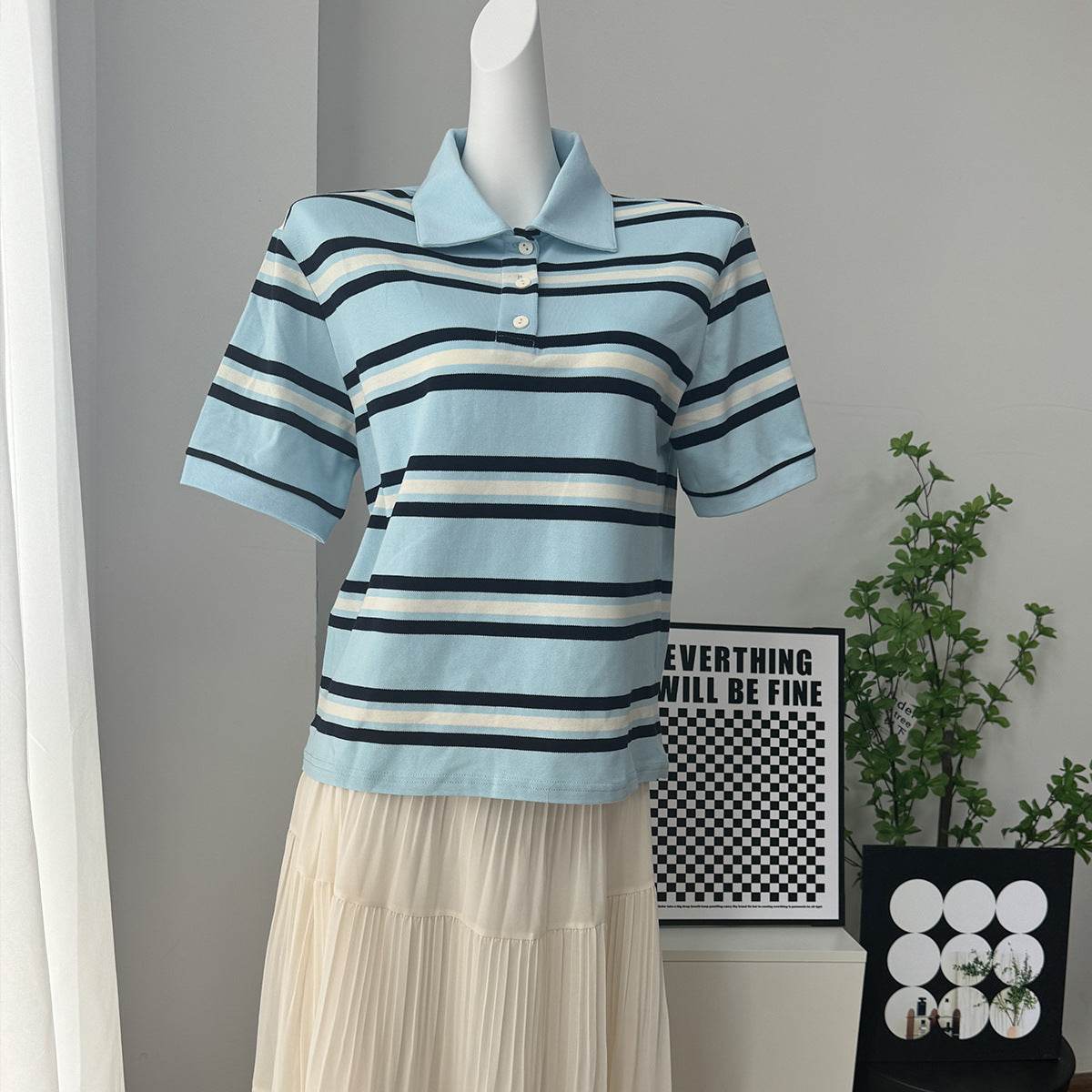 Stripe Polo Loose Fit Short Sleeve T-Shirt for Women | MuddyStock Originals Blue MuddyStock