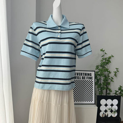 Stripe Polo Loose Fit Short Sleeve T-Shirt for Women | MuddyStock Originals Blue MuddyStock