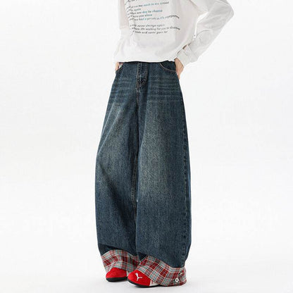 Retro Washed Plaid Cuffed Denim Wide Leg Long Pants For Men And Women | MuddyStock Originals MuddyStock