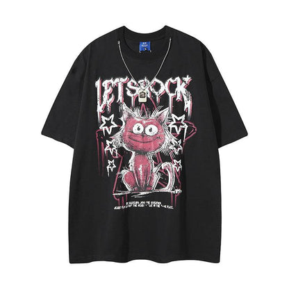 Streetwear Cartoon Cat Graffiti Letter T-Shirt with Necklace For Men And Women | MuddyStock Originals MuddyStock