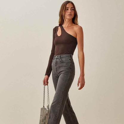 Slanted Shoulder Asymmetric Hollow Long-sleeved Bottoming Top MuddyStock